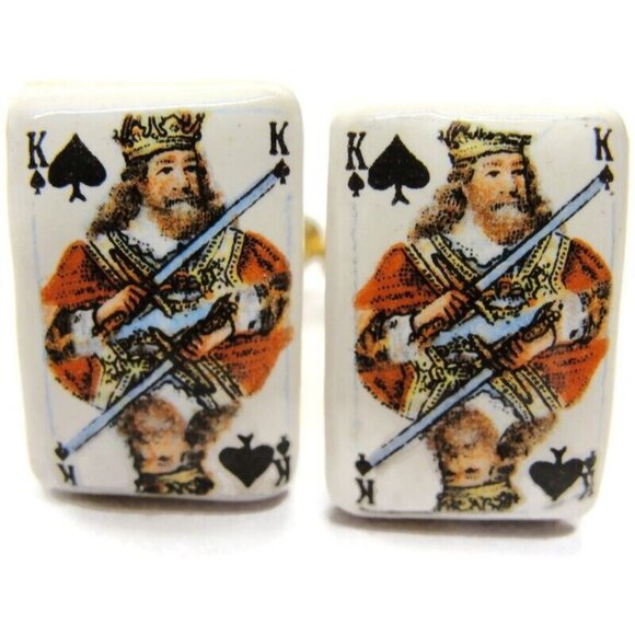 King of Spades Porcelain Cufflinks Gold Tone Tux Shirt Dress Suit Vintage - Picture 1 of 11